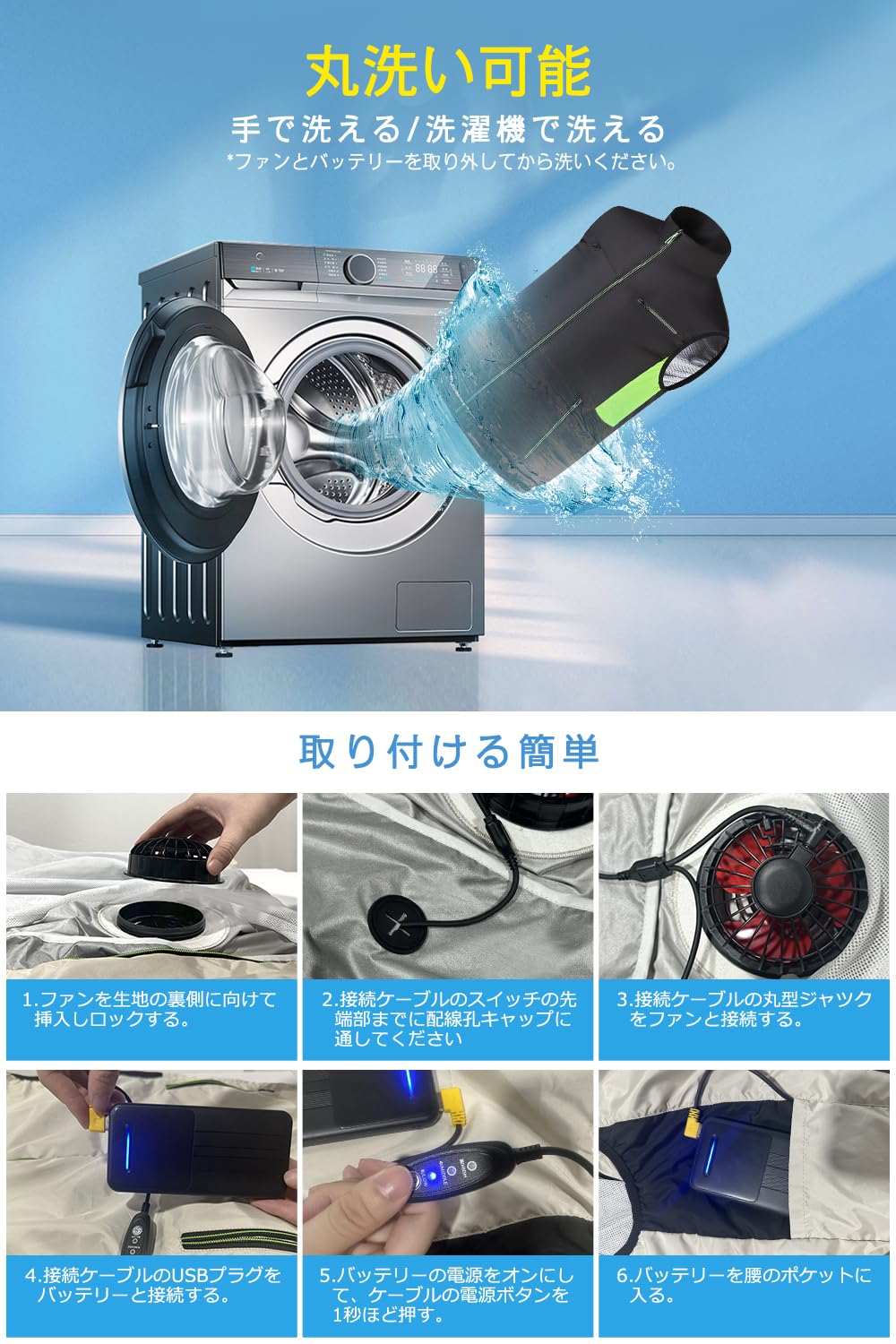 空調作業服 ファン付きベスト 22800mAh大容量バッテリー ファン付き作業服 空調ウェア 空調扇風服 USB給電 22時間稼動可能 3段階風量調節 7.4V出力対応 UVカット 撥水加工